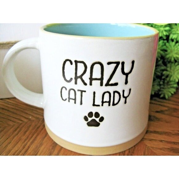 New XL Crazy Cat Lady Cream w/ Blue Interior Fun Ceramic Coffee Tea Mug Cup 16oz - Picture 2 of 9